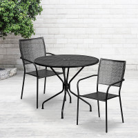 Flash Furniture CO-35RD-02CHR2-BK-GG 35.25'' Round Black Indoor-Outdoor Steel Patio Table Set with 2 Square Back Chairs 
